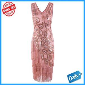 Vintage 1920s Sequin Flapper Dress, Size S-XL, Tassel Fringe, Gatsby Party